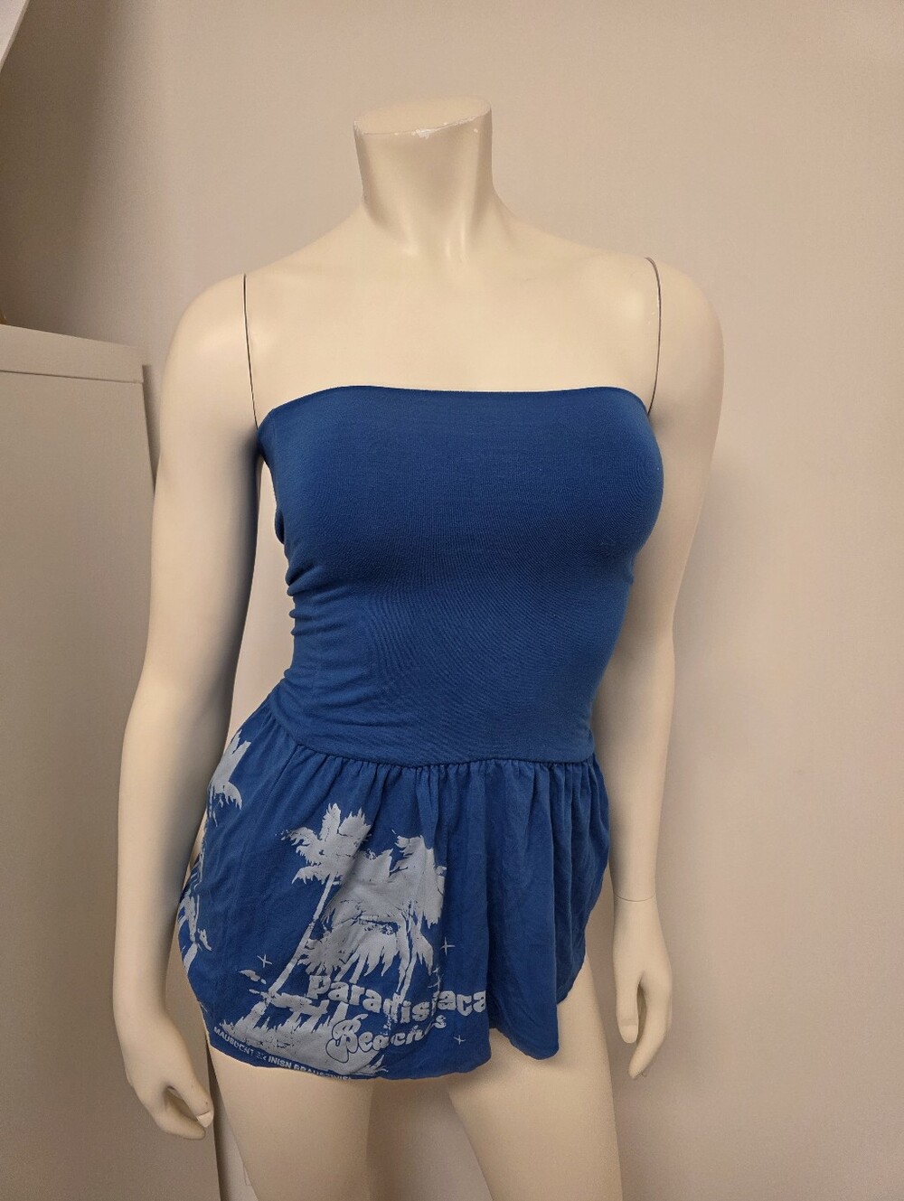 Colcci Blue Strapless Peplum Tank Tube Top with Palm Tree Print XS
